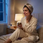 خانم ایرانی با توربان در حال استفاده از کرم در شب.
