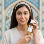 زن جوان با پوست شفاف و سالم در حال استفاده از تونر